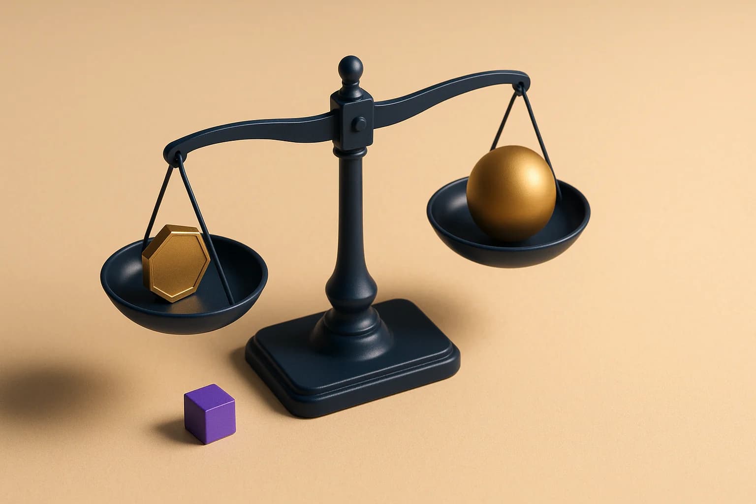 Deep navy precision scale balanced on cream paper surface with a small brass weight and a single purple accent cube, representing the backsolve equity allocation process in a valuation platform