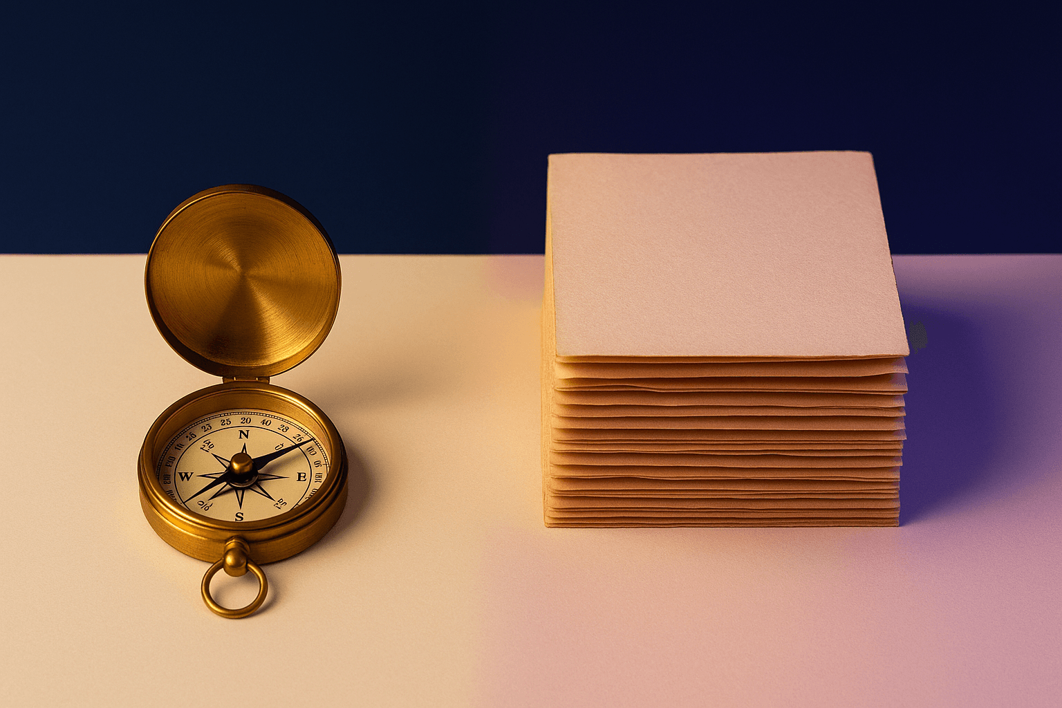 Brass compass beside a layered stack of parchment sheets on a cream surface, representing the structured step-by-step process of configuring a cap table from incorporation through preferred rounds