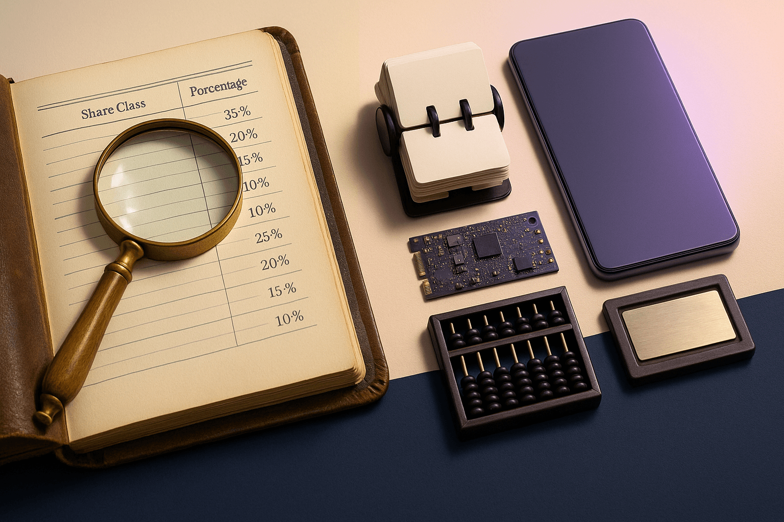 Detailed ledger page with columns of share classes and ownership percentages beside a brass magnifying glass on cream paper, representing the cap table review and confirmation step