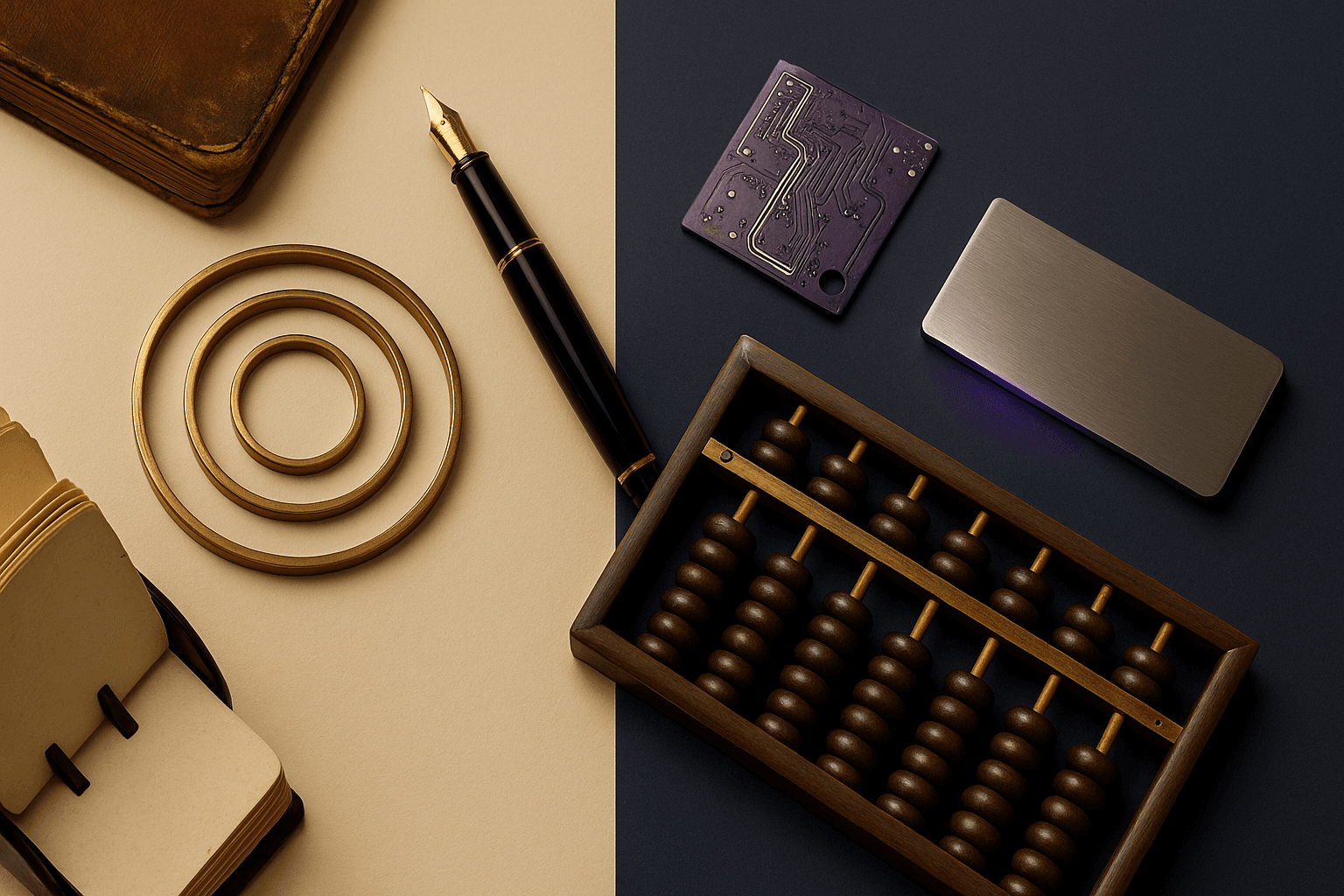 Layered brass rings of increasing size arranged on cream paper beside a fountain pen, representing the growing complexity of a company cap table from founders through Series C