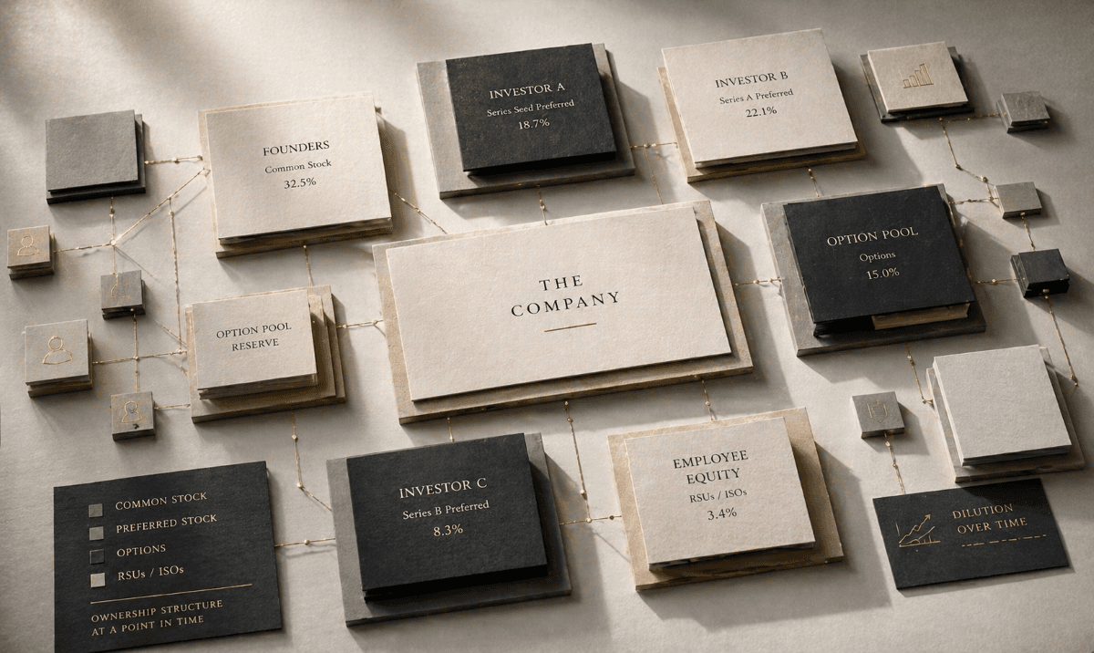 Precise grid of small brass coins arranged in neat rows on cream paper, representing the structured ownership records of a clean cap table