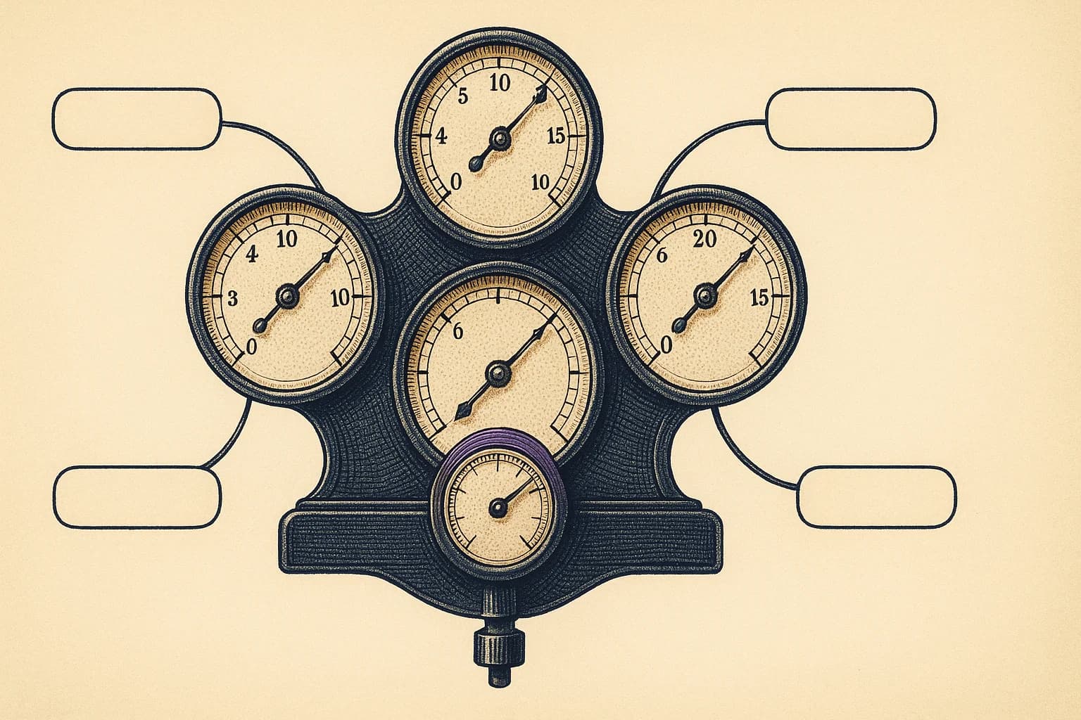 Vintage scientific diagram of a multi-dial measurement instrument with five output gauges arranged in a fan pattern, representing parallel DLOM model outputs reviewed before final discount selection