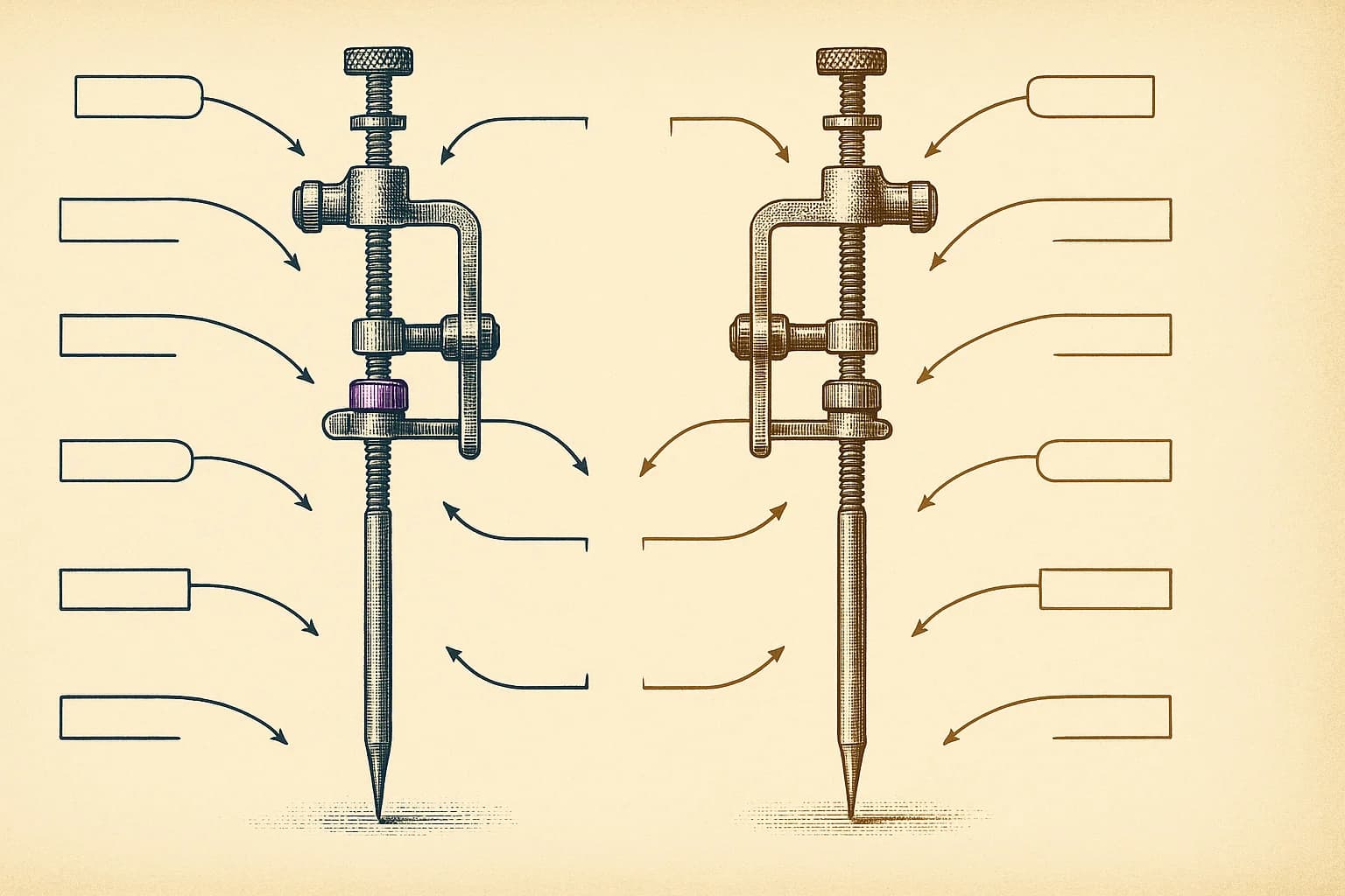 Vintage scientific diagram showing two parallel precision instruments side by side with callout pointers, representing the Chaffe and Finnerty DLOM models and their shared input parameters