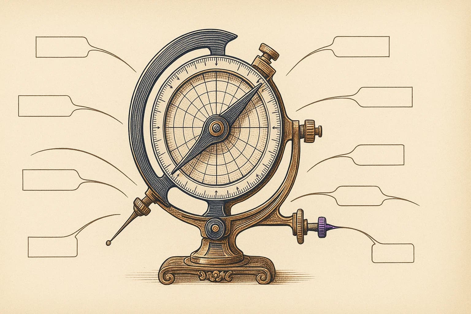 Vintage scientific diagram of a precision put-option instrument with labeled callout pointers illustrating DLOM model inputs including volatility and time-to-liquidity parameters