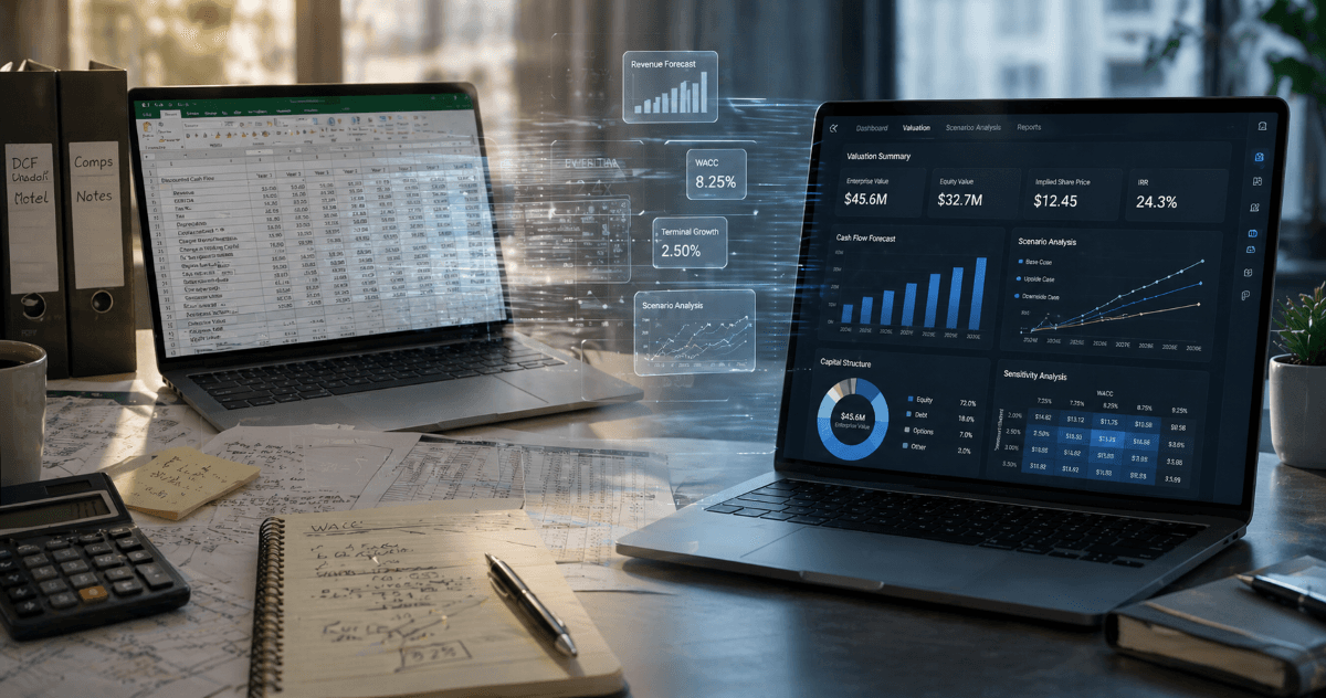 Worn leather-bound accounting ledger sitting beside a sleek modern slate, representing the move from spreadsheets to purpose-built valuation software