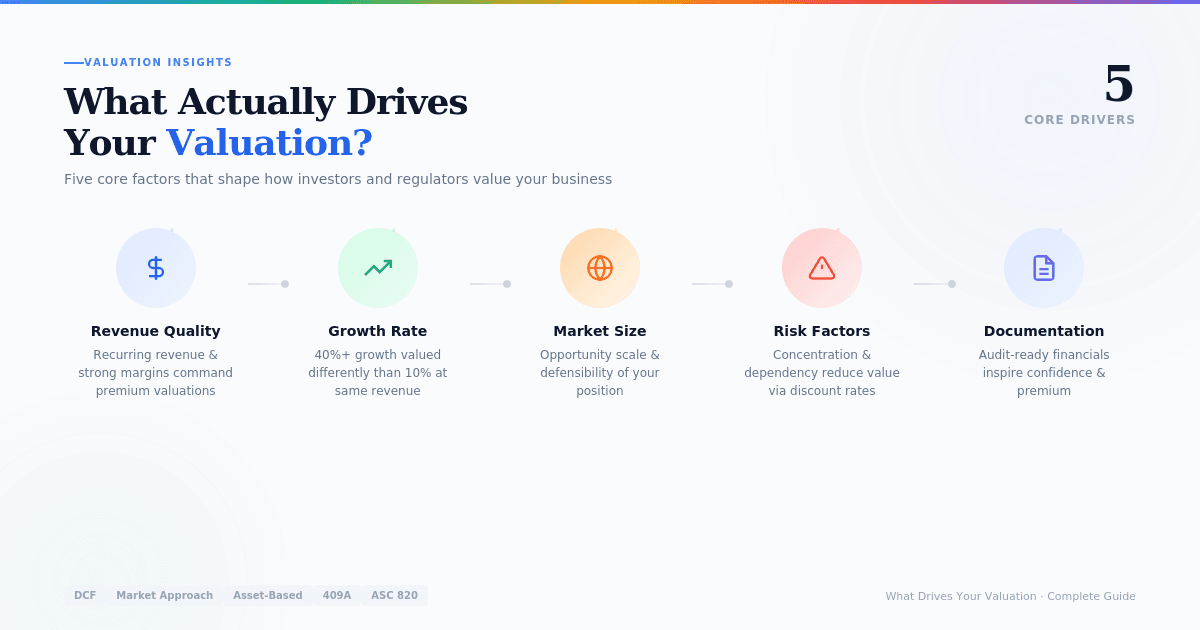 Infographic of the 5 core business valuation drivers — revenue quality, growth rate, market size, risk factors, and financial documentation