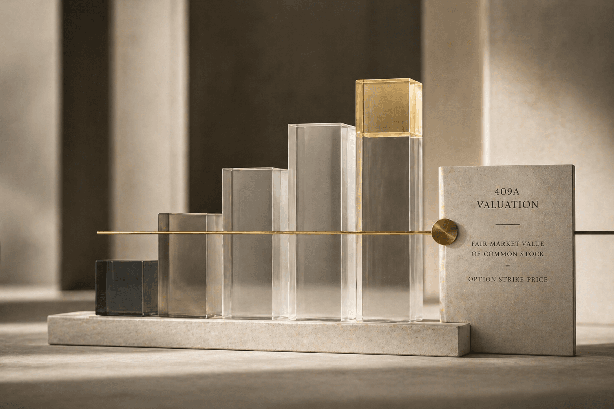 Open leather-bound hardcover book with a brass page marker resting on cream paper, representing a foundational guide to 409A valuations