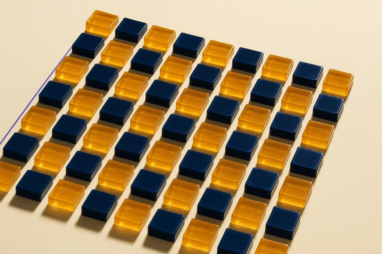 Close-up macro photograph of a structured grid of small translucent amber and navy geometric tiles arranged in rows on cream paper, suggesting a documentation checklist matrix
