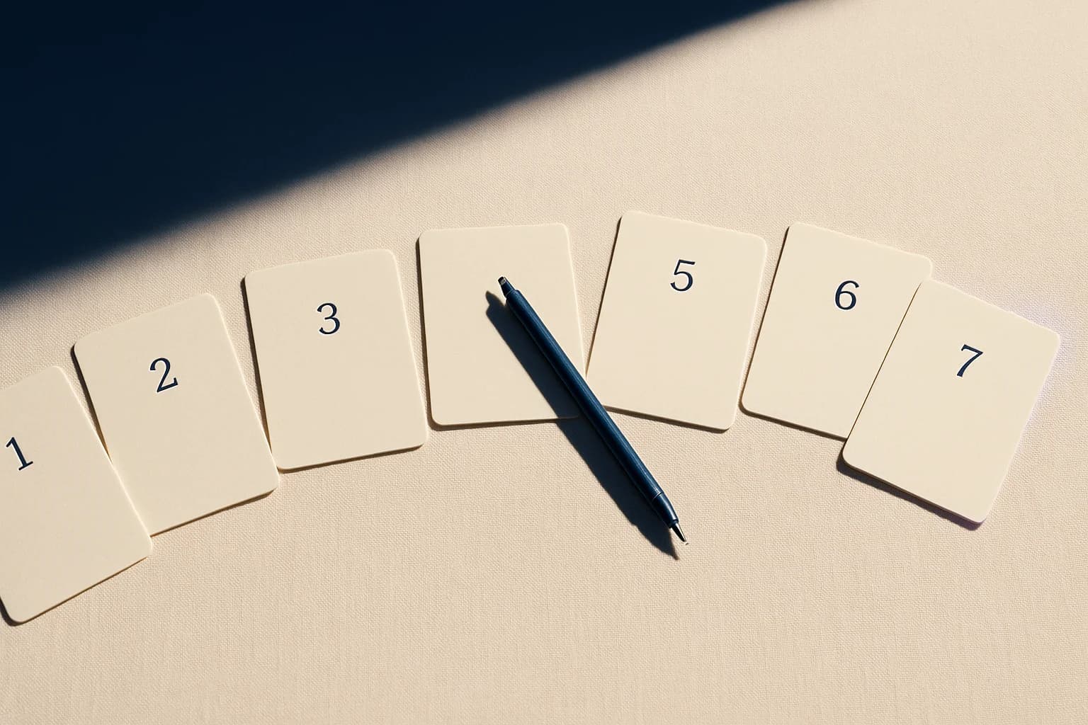 Top-down flat-lay of a cream surface with seven labeled index cards arranged in a sequential arc, each card representing one step of the Backsolve OPM process from cap table mapping to common stock FMV