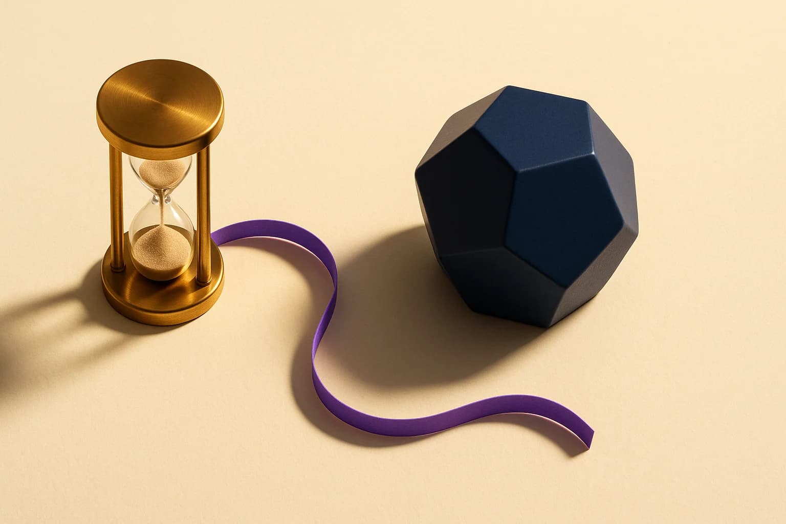 Overhead flat-lay of a brass hourglass beside a small navy geometric prism on cream paper, representing the expected term and equity value inputs in a backsolve OPM calculation