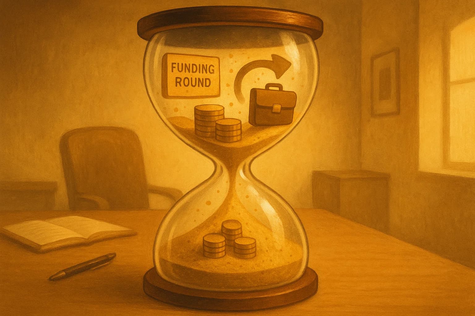 A surreal illustration of an hourglass with symbols of business events, representing valuation trigger points.