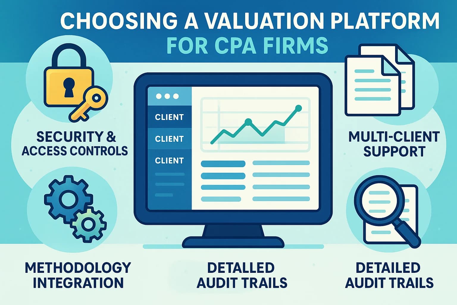 Illustration of a digital dashboard with icons for security, multi-client support, methodology integration, and audit trails, emphasizing key platform evaluation factors.