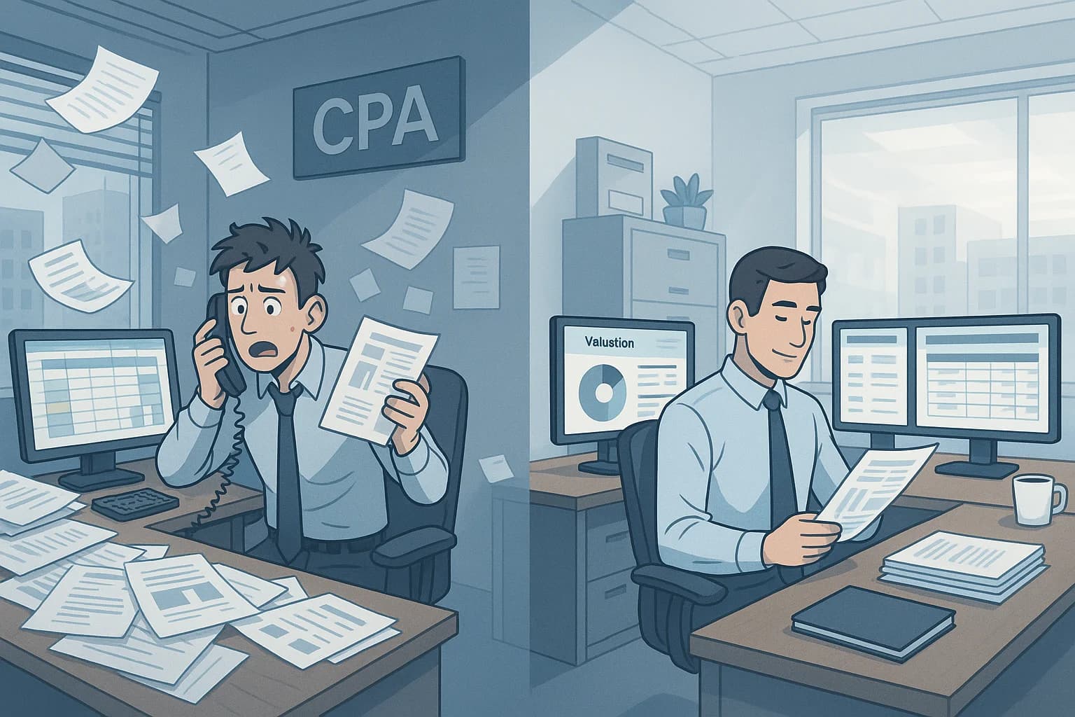 Illustration of a CPA office transforming from disorganized to structured, symbolizing a planned valuation practice setup.