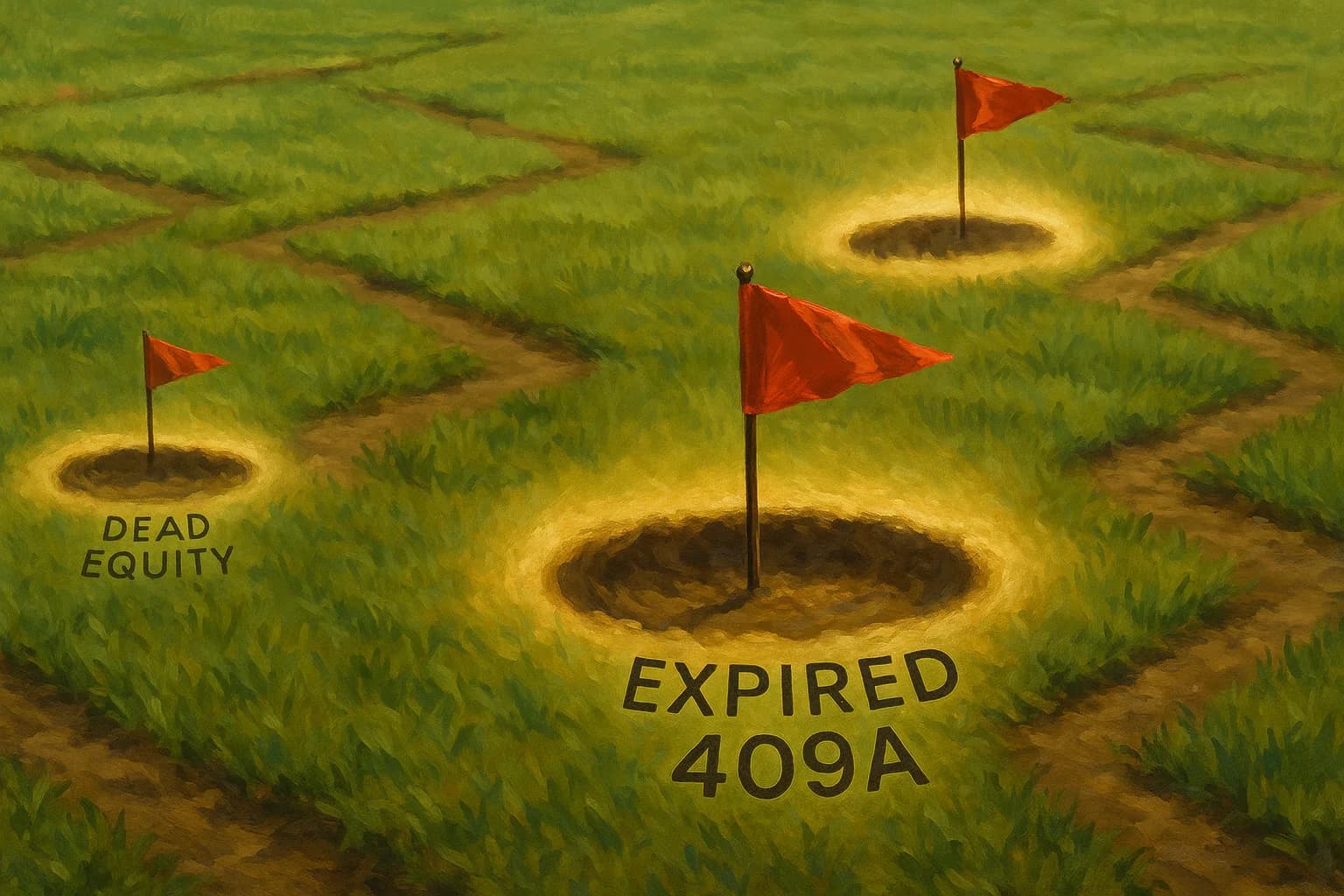 Illustration of a grassy field as a legal map, with flags marking potential equity compensation pitfalls like 'Expired 409A'. Bright midday lighting.