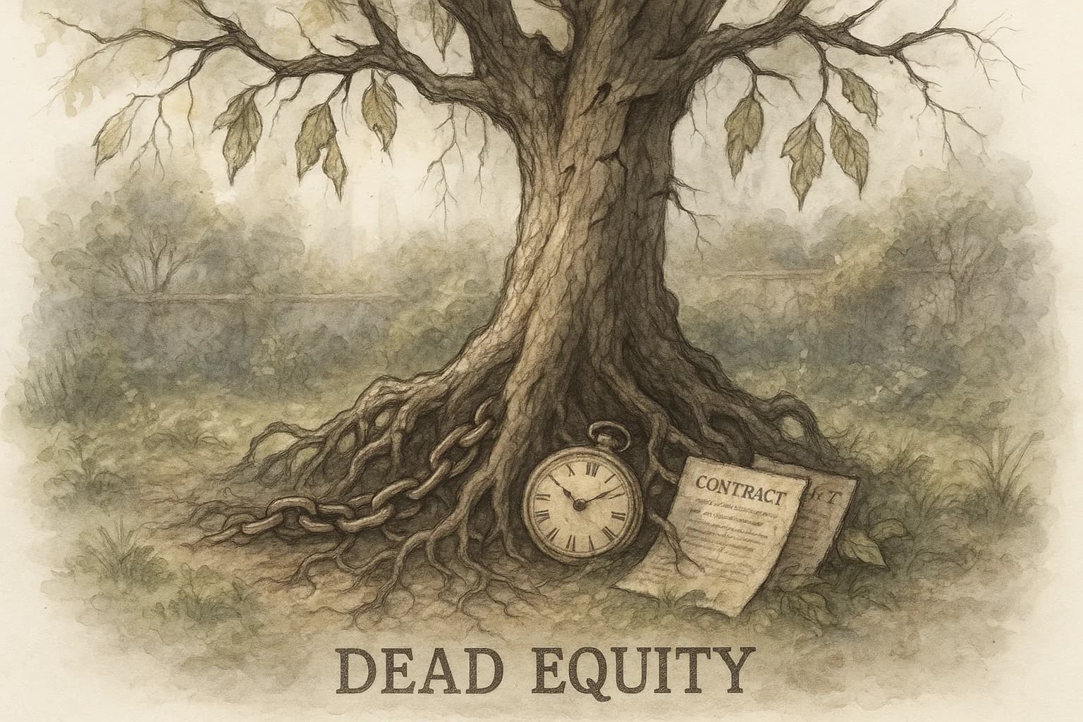 A mixed-media illustration of an ancient tree with roots entangled in objects like chains and contracts, symbolizing 'dead equity' in a garden.