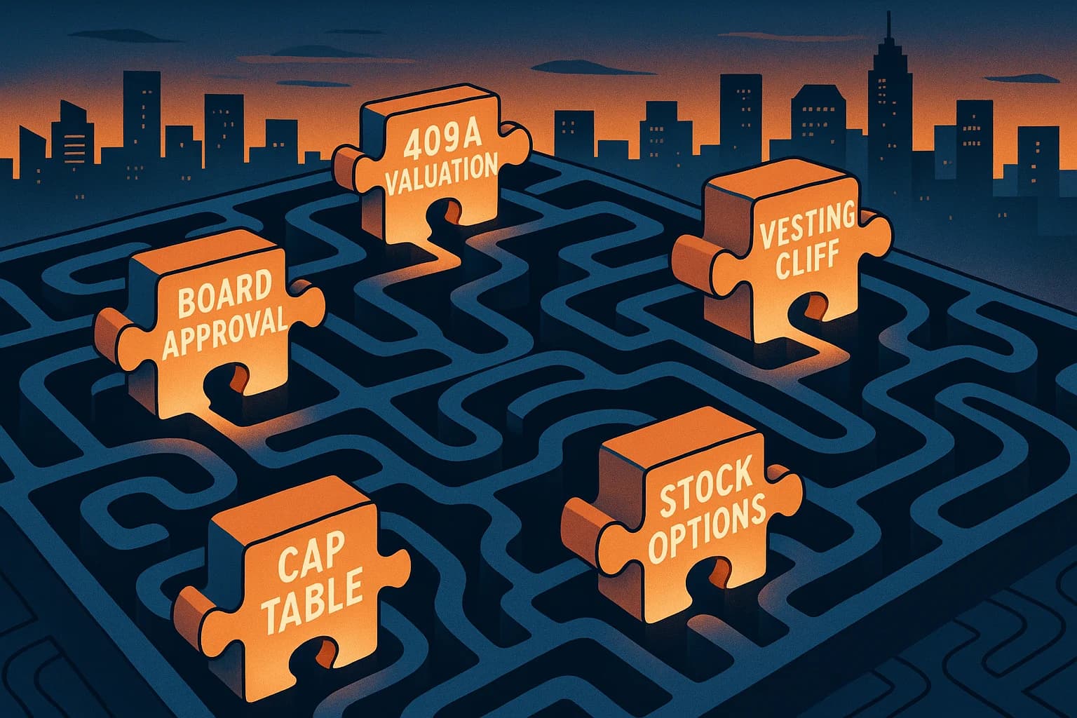 Conceptual image of a maze of puzzle pieces labeled with equity compensation terms against a city skyline, symbolizing startup complexities.
