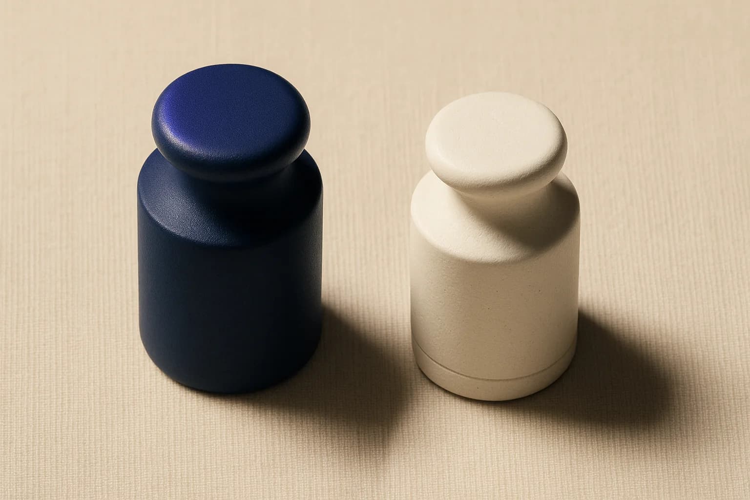 Close-up macro of two small ceramic bowls on a cream surface, one containing a single polished navy stone representing ASC 820 fair value and one containing a matte ivory stone representing IRS fair market value