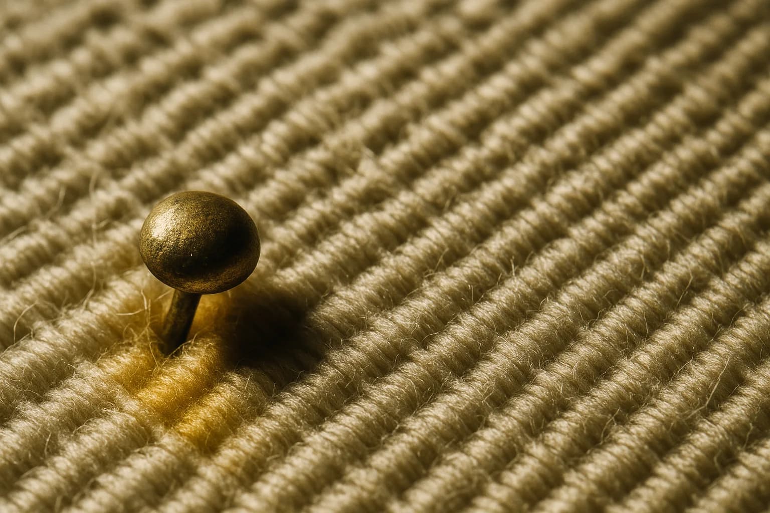 Macro close-up of raw cotton off-white fabric weave texture with a single small aged brass pin resting in the lower left third, representing the structural underpinning of a valuation methodology