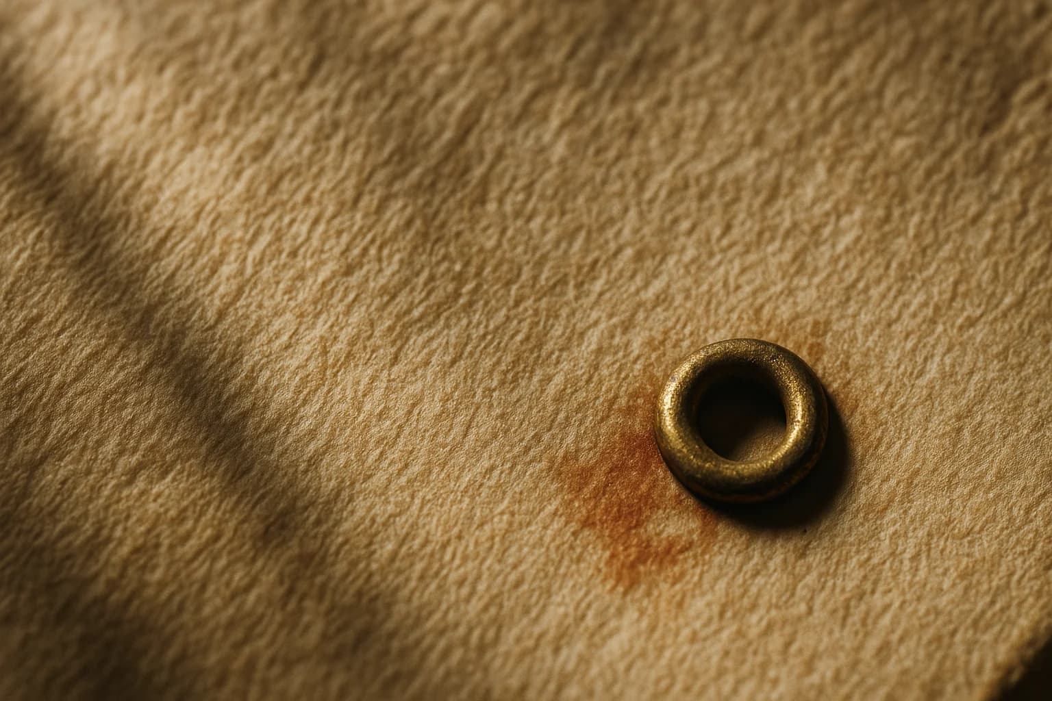 Extreme macro close-up of aged parchment paper texture with a single worn brass eyelet in the lower right corner, evoking the careful examination of a formal valuation document