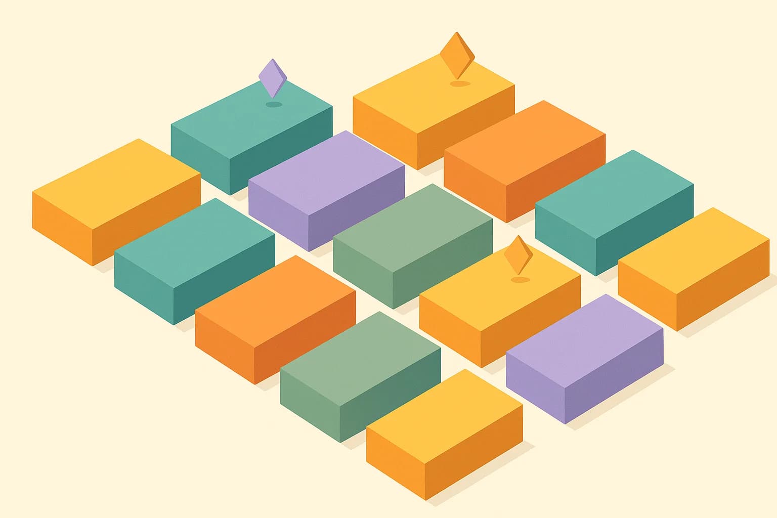 Isometric top-down grid of colored geometric cells in teal, mustard, orange, and lavender representing a structured pro forma cap table with distinct instrument tranches
