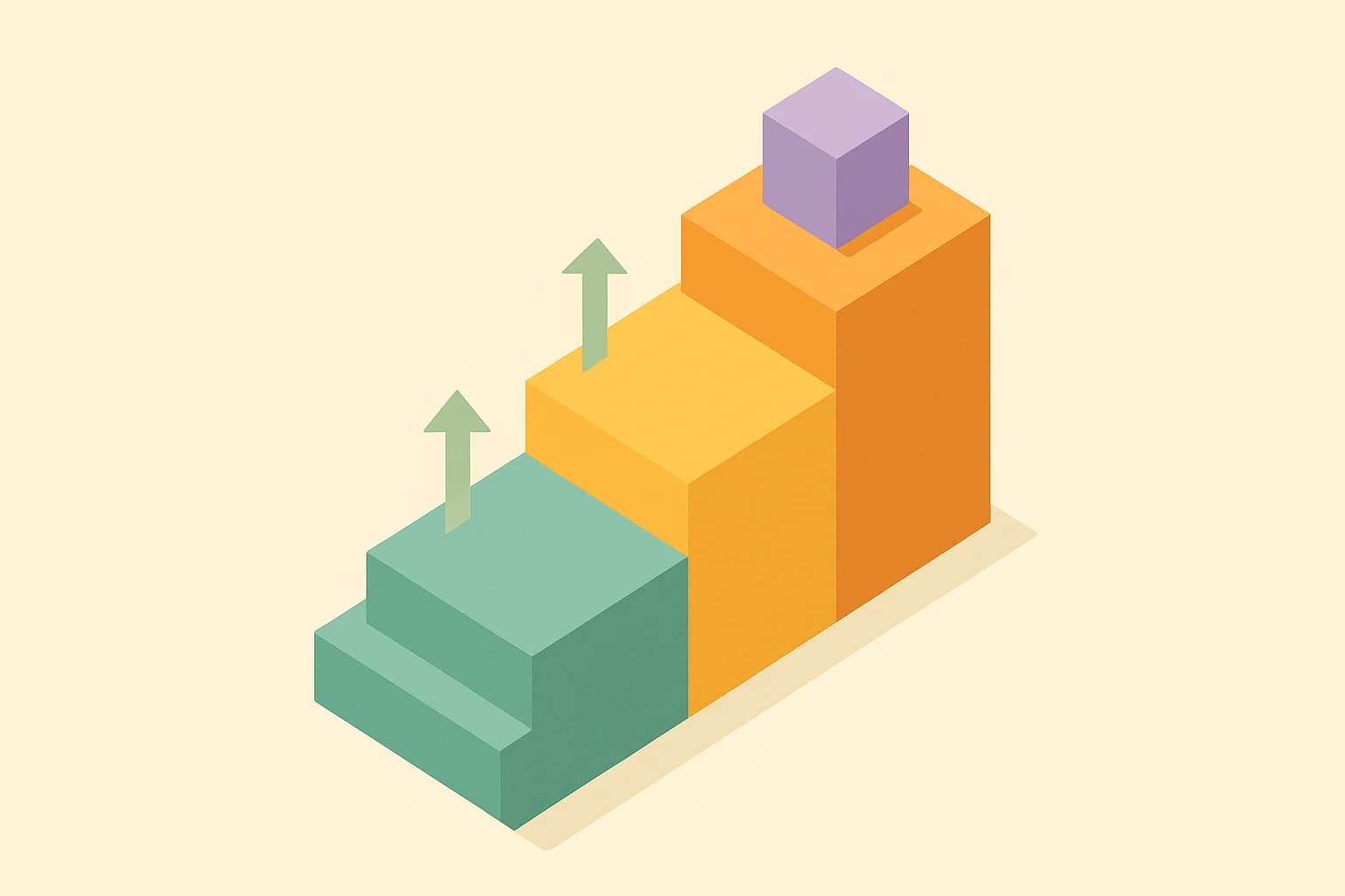 Isometric illustration of stacked geometric platforms in teal, mustard, and orange representing layered SAFE and convertible note instruments converting into a cap table structure