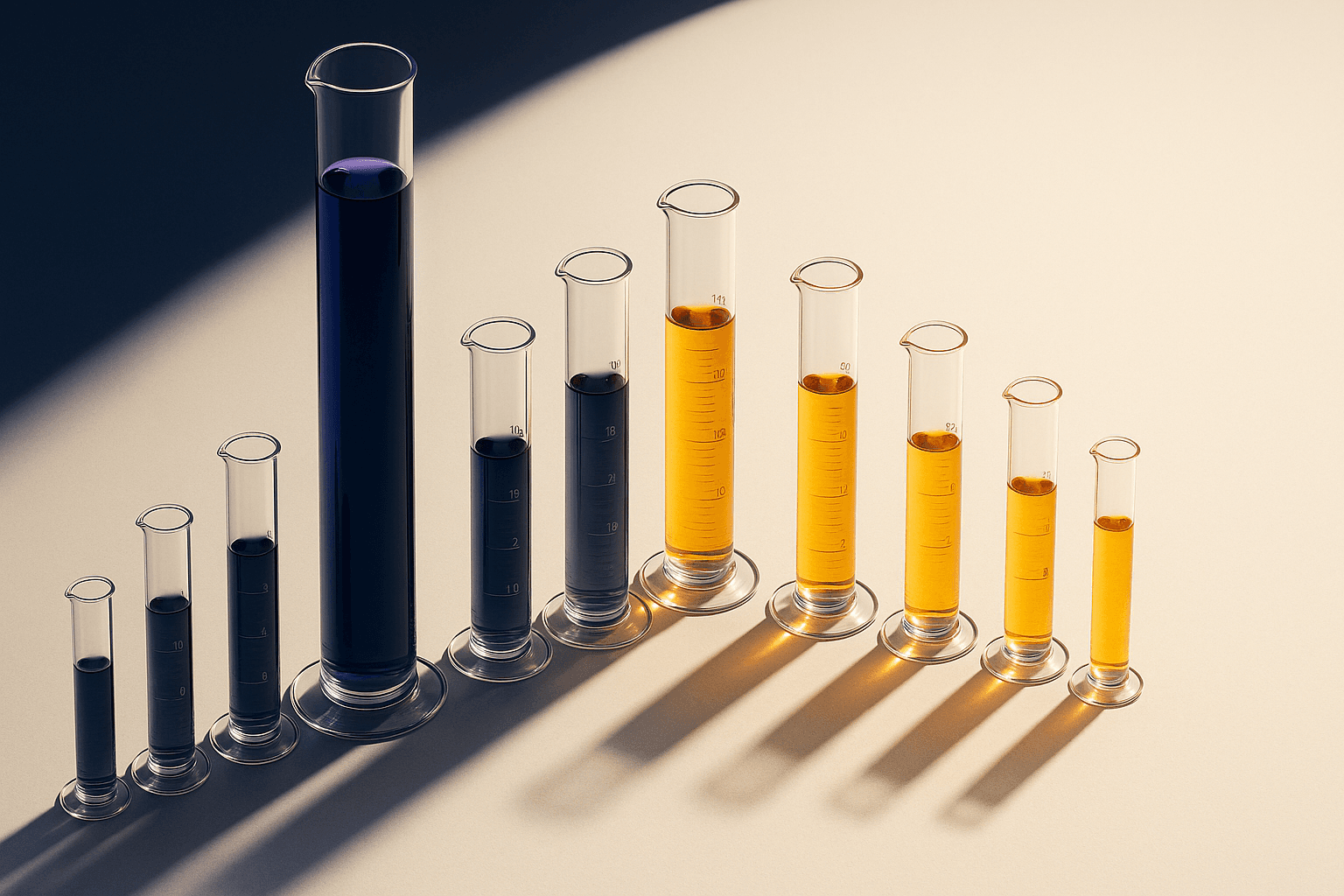 Editorial still life of two parallel rows of graduated glass cylinders on cream paper, the left row taller and filled with deep blue liquid representing AI valuations, the right row shorter with amber liquid representing non-AI valuations