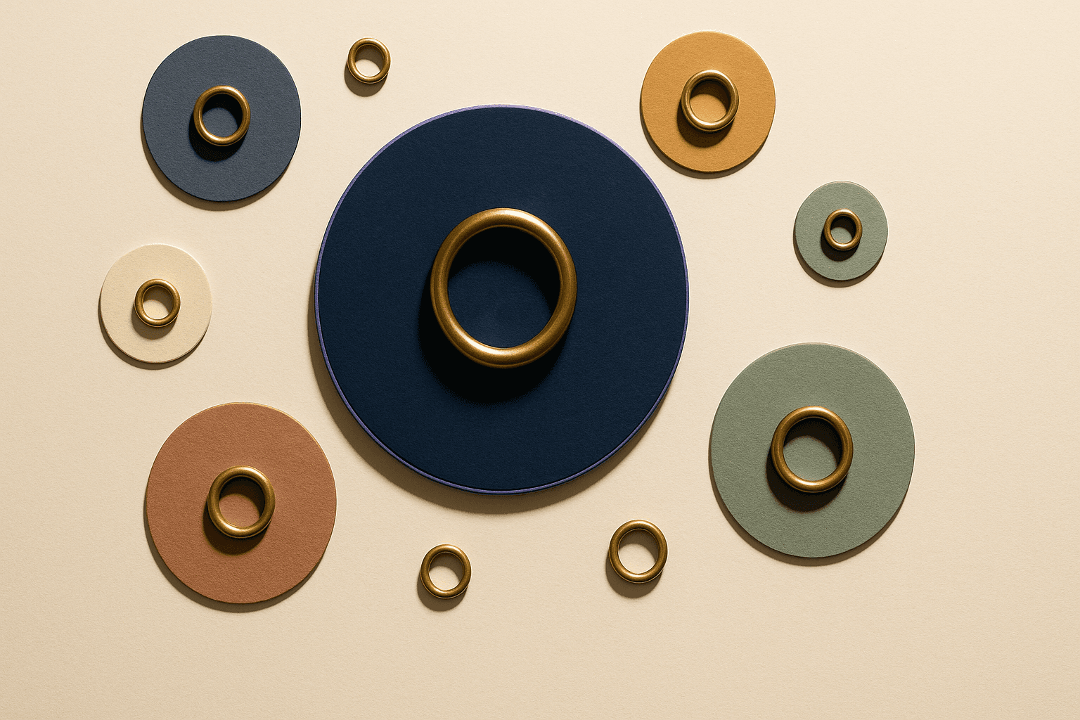Top-down editorial arrangement of a large central circle surrounded by smaller satellite circles on cream paper, illustrating geographic concentration of venture capital deal value in 2026