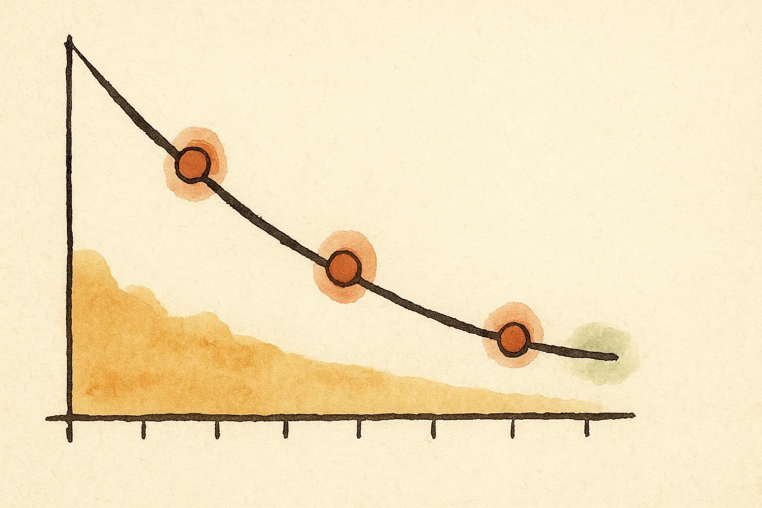 Hand-drawn editorial illustration showing a timeline of SaaS EV/Revenue multiples from 2024 to 2026, sketched as a descending ink line on parchment with ochre and terracotta watercolor annotations