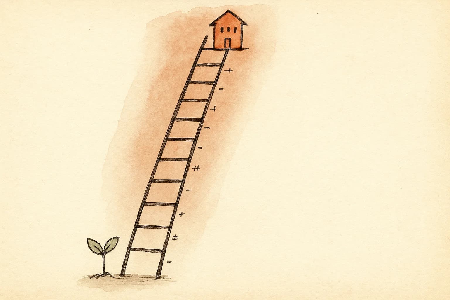 Hand-drawn editorial illustration of a ladder with funding stage labels sketched as rungs, rising from a small seed sprout at the base to a larger building at the top, in terracotta and sage watercolor on parchment