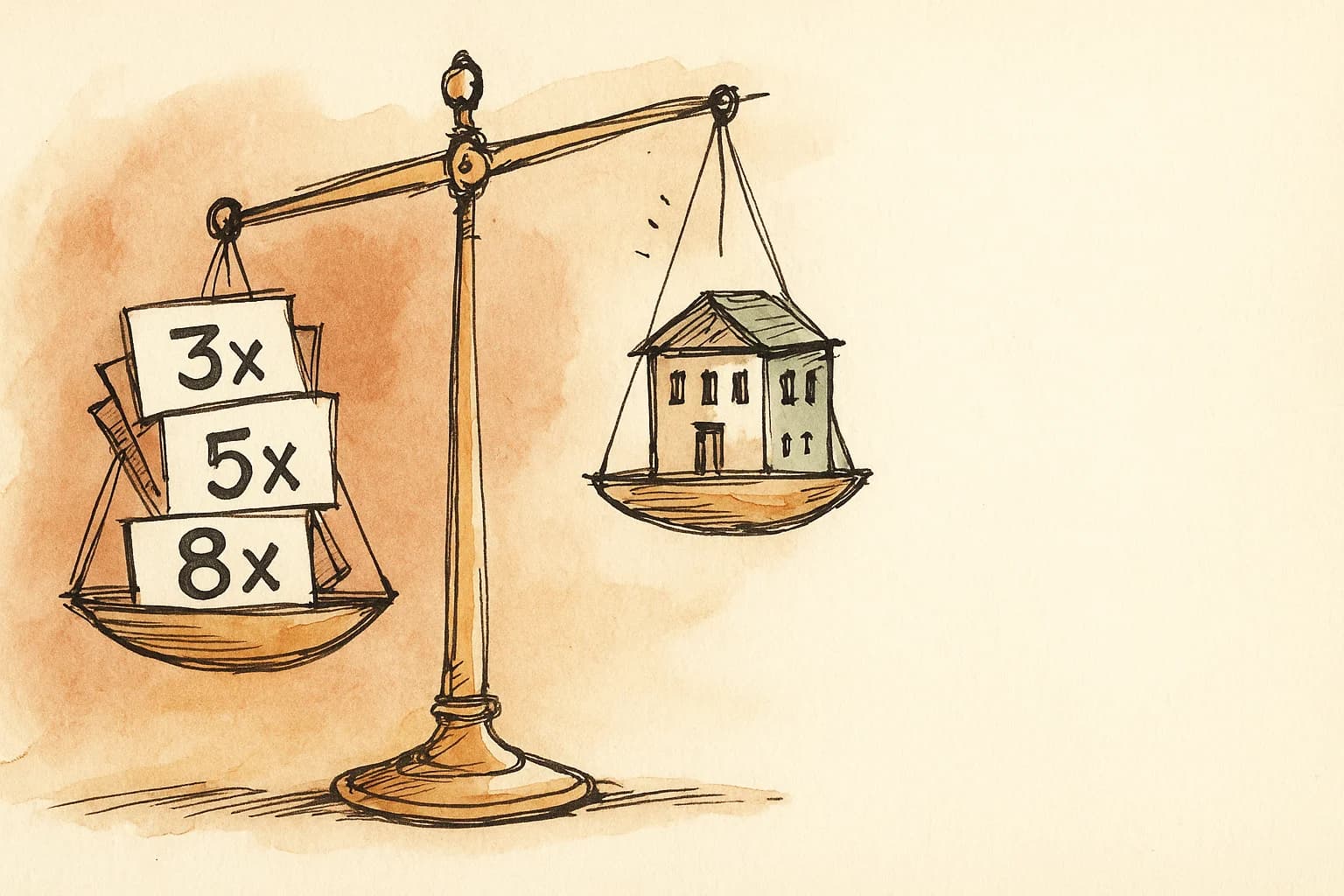 Hand-drawn editorial illustration of a balance scale with stacked revenue multiples on one side and a small private company building on the other, rendered in terracotta and ochre watercolor washes on parchment